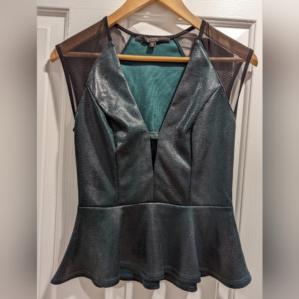 GUESS Faux Leather Peplum Top Plunge Neckline